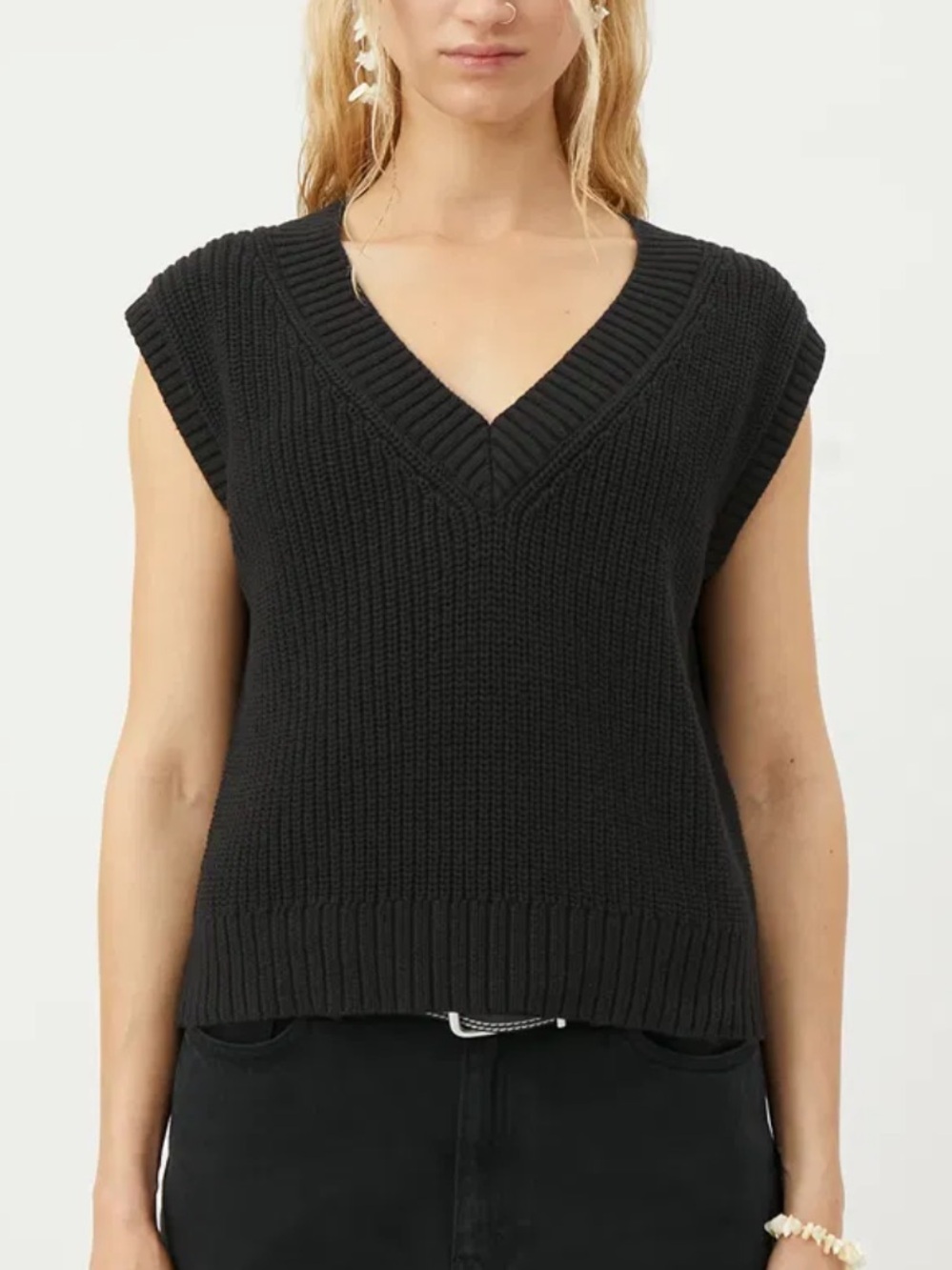 WEEKDAY Poppy Knit Vest 100% Cotton Black Casual Preppy Minimalist Size XS